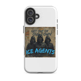 iPhone case mit „Ice Agents“-Grafik: drei Kapuzenfiguren auf weißem Hintergrund