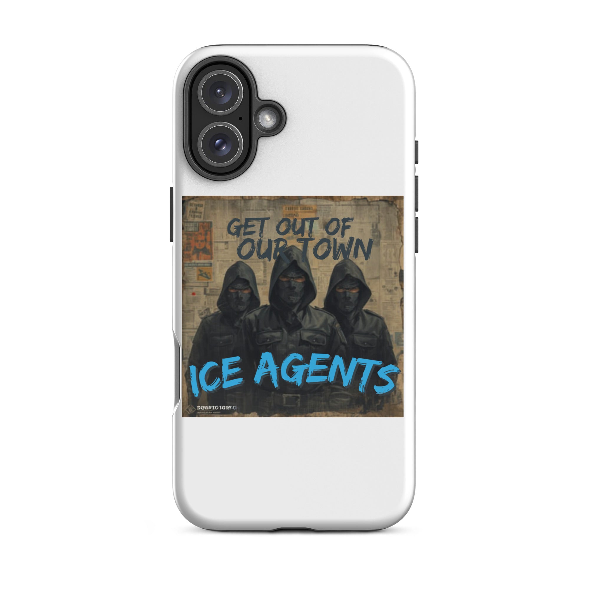 iPhone case mit „Ice Agents“-Grafik: drei Kapuzenfiguren auf weißem Hintergrund