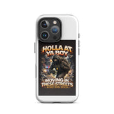 White phone tough case with triple-lens camera cutout and ninja street poster on front