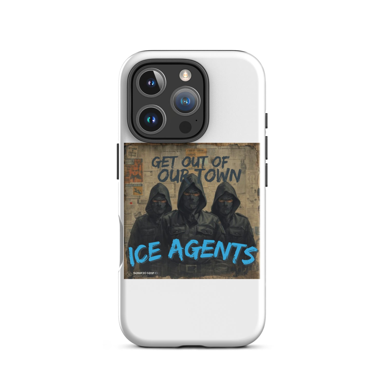 Weißes iPhone Case mit „Ice Agents“-Print und Aussparungen für Kamera und Blitz