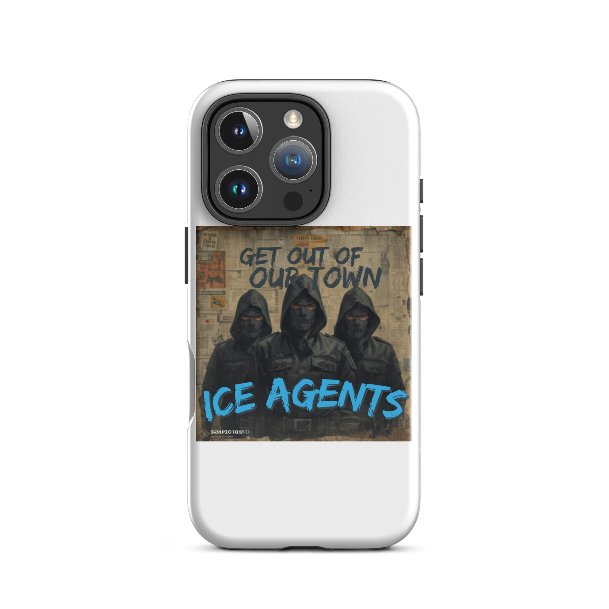 Weißes iPhone Case mit „Ice Agents“-Print und Aussparungen für Kamera und Blitz