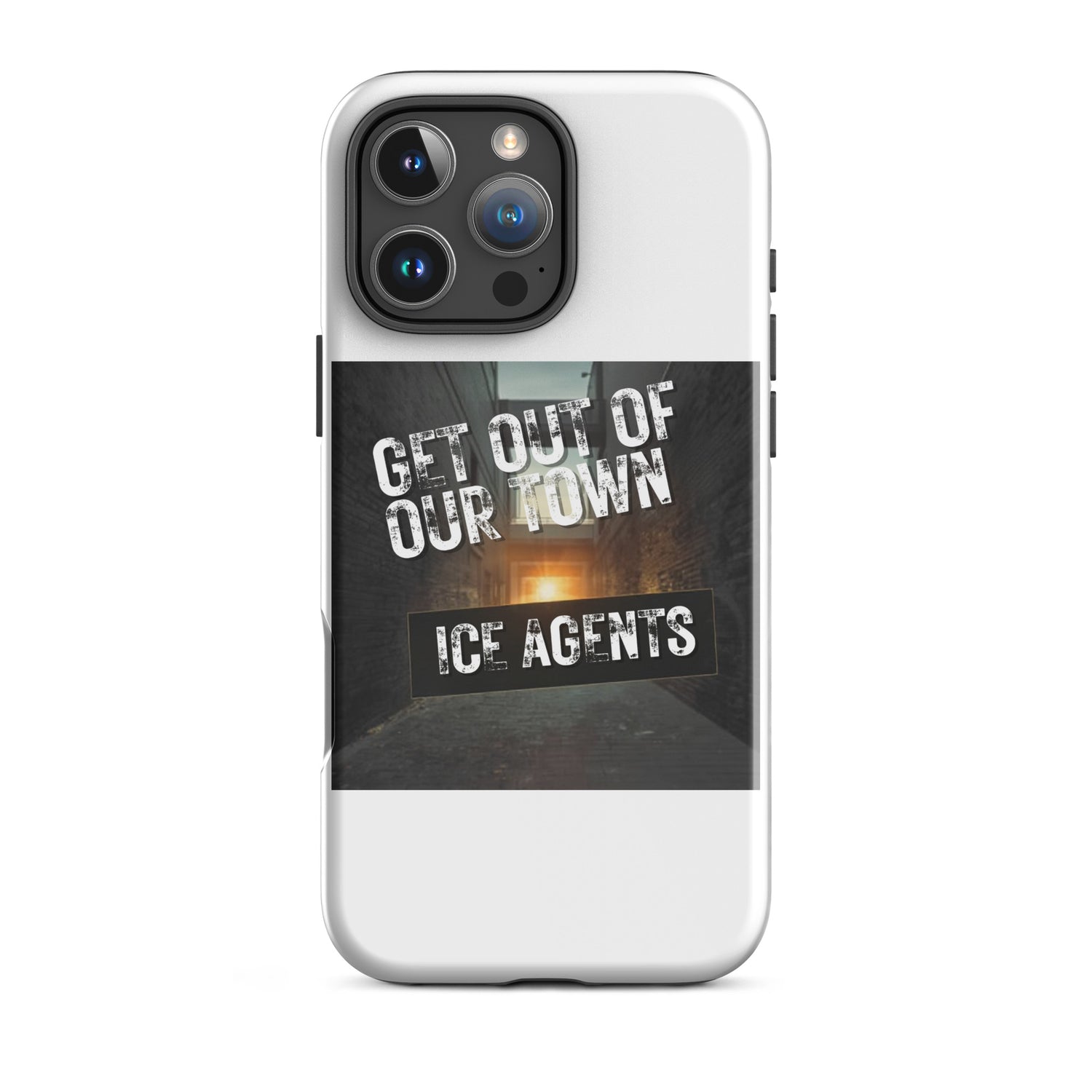 iPhone-Hülle, weiß mit schwarzem Grafikband „Ice Agents“ und „Get Out of Our Town“