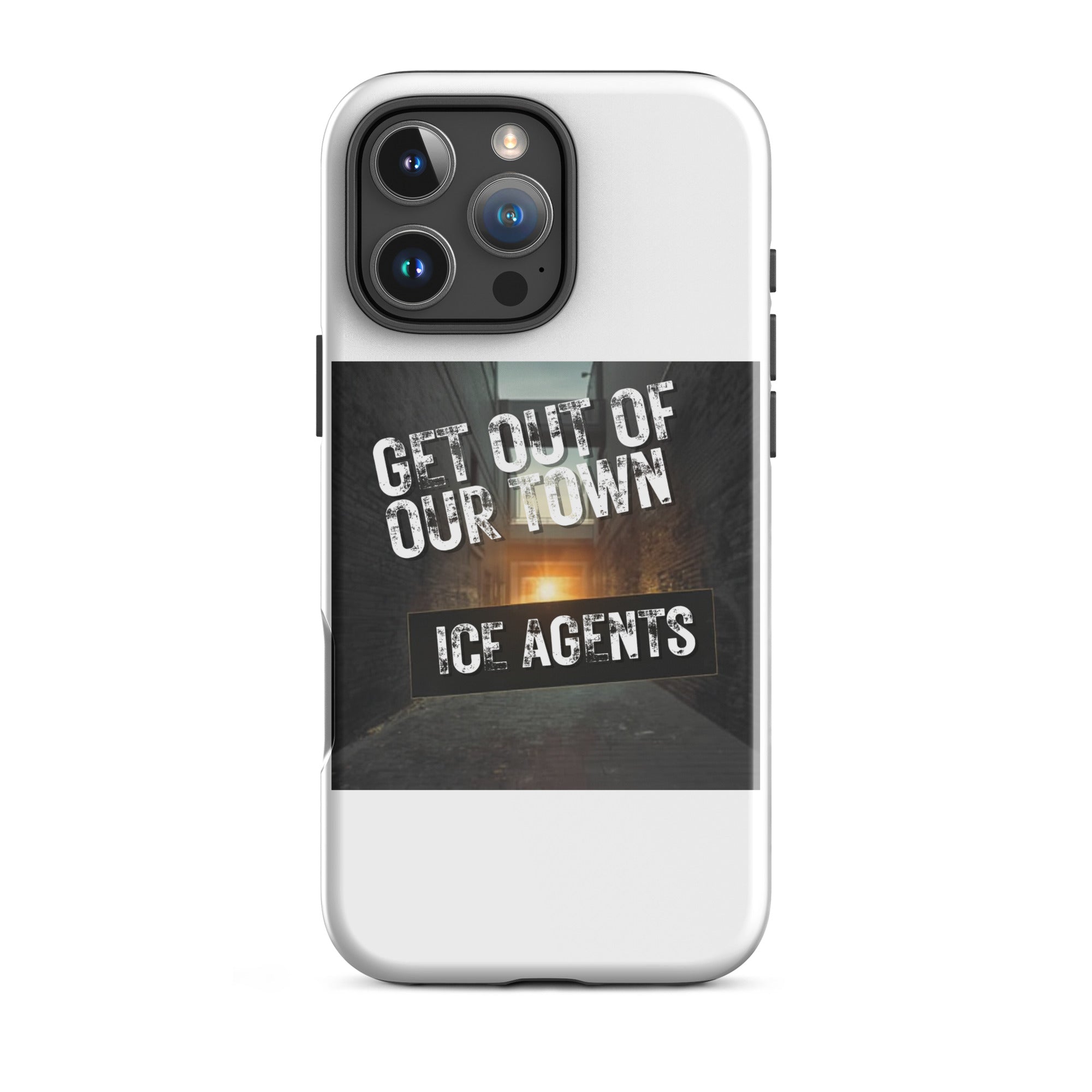 iPhone-Hülle, weiß mit schwarzem Grafikband „Ice Agents“ und „Get Out of Our Town“