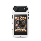 White tough iPhone case back, centered graphic of masked figure with street slogan