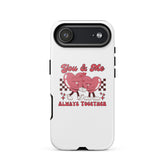 White iPhone tough case with pink heart couple graphic, &