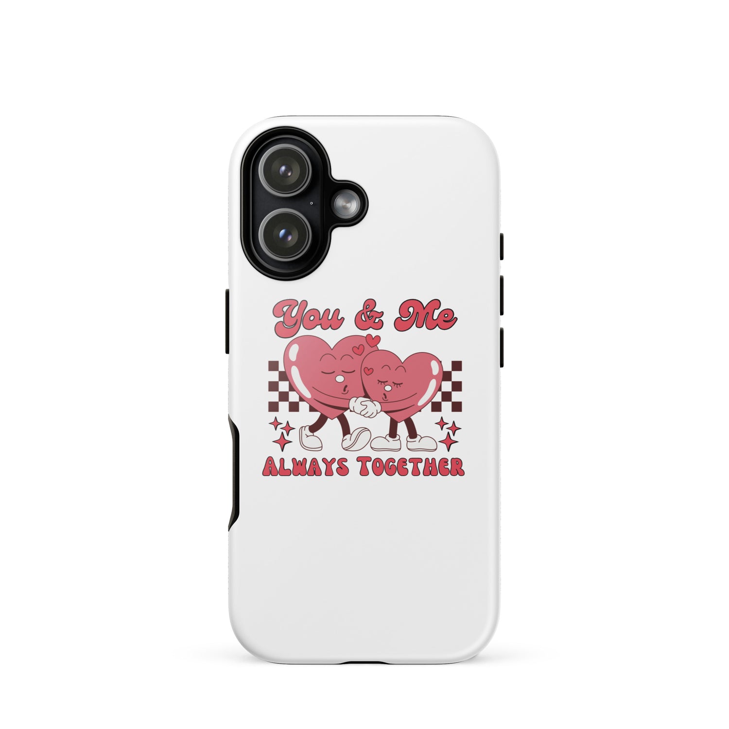 iPhone tough case, “You &amp; Me” cursive above pink heart couple illustration