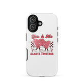 White iPhone tough case with pink heart couple graphic, &