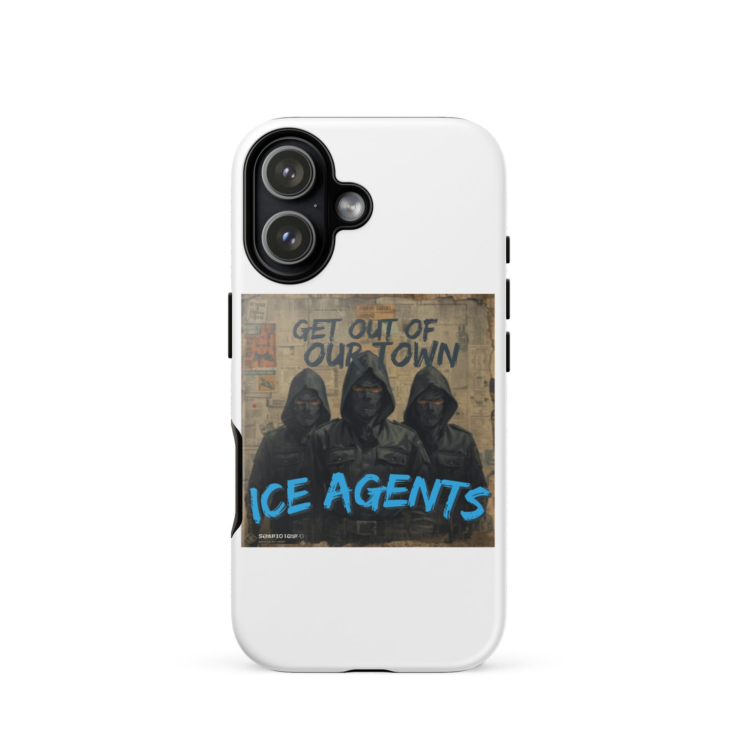 Weißes iPhone Case, seitliche Kantenansicht mit „Ice Agents“-Motiv und Kameraaussparung