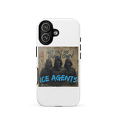 Weißes iPhone Case, seitliche Kantenansicht mit „Ice Agents“-Motiv und Kameraaussparung