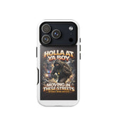 White tough iPhone case back, large camera bump over masked figure graphic
