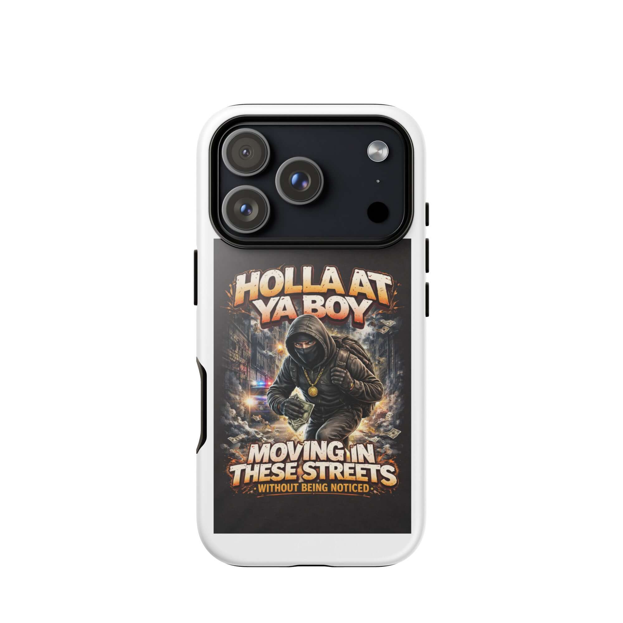 White tough iPhone case with black camera module and “Holla at Ya Boy” artwork