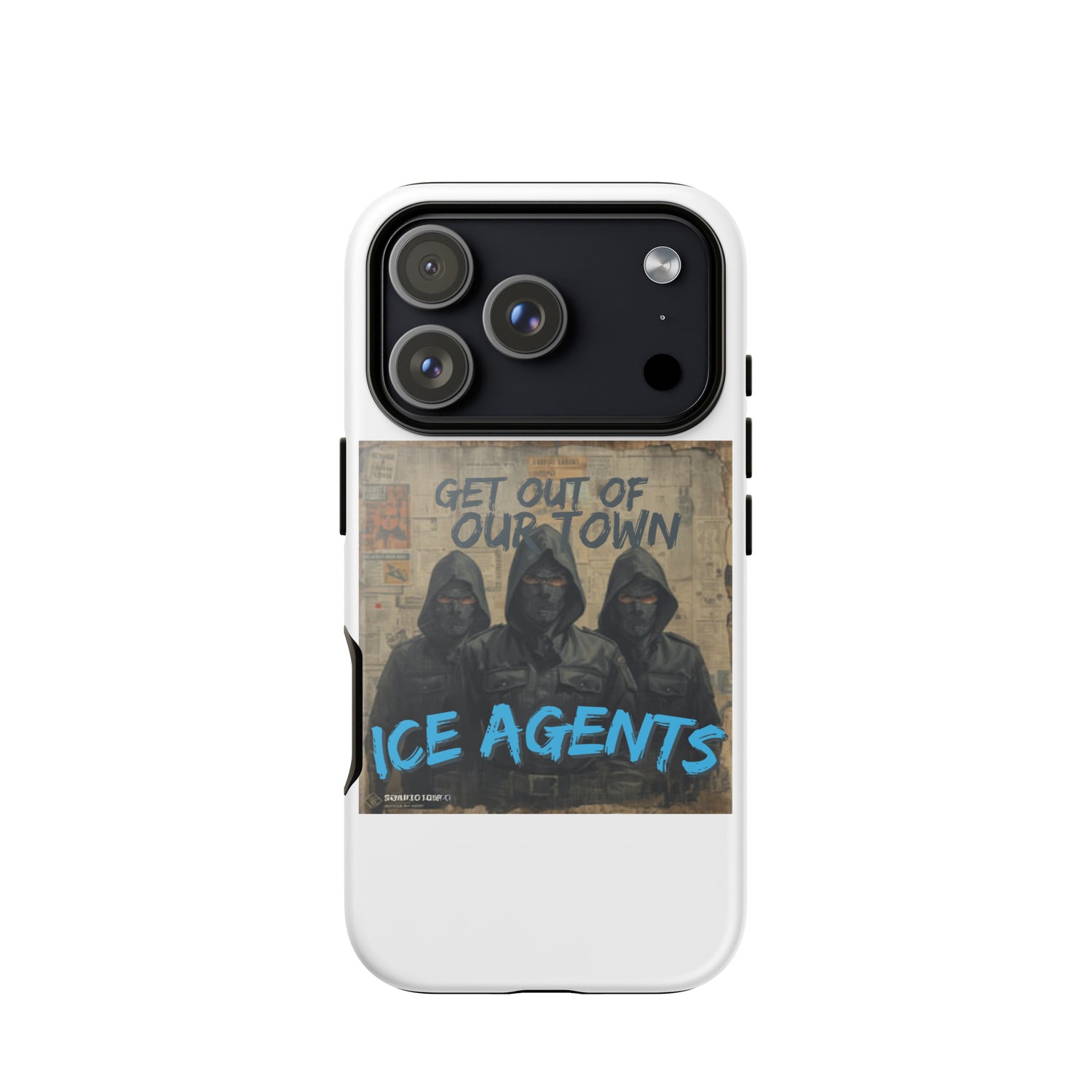 Weißes iPhone Case von hinten: „Ice Agents“-Grafik unter dunklem Kameramodul