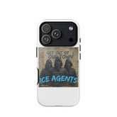 Weißes iPhone Case von hinten: „Ice Agents“-Grafik unter dunklem Kameramodul