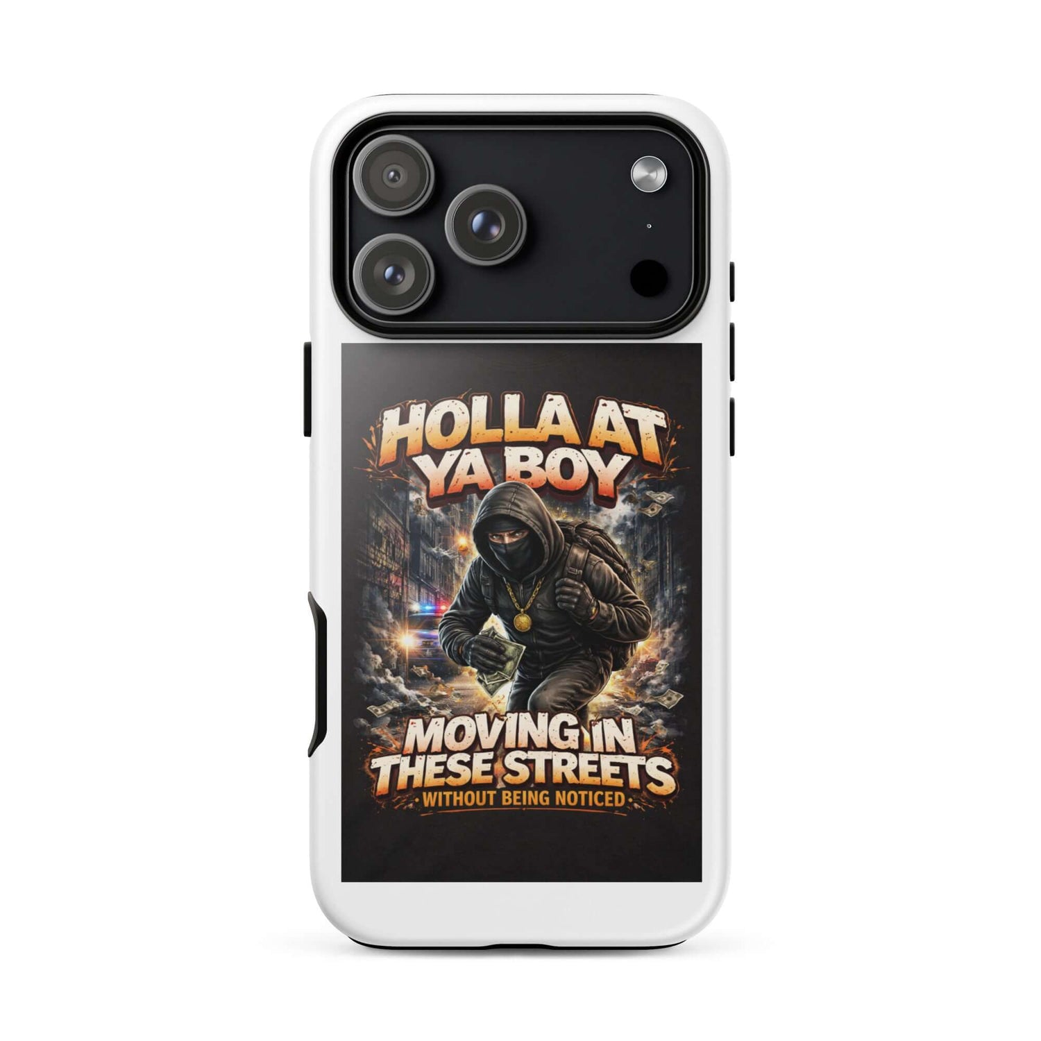 White tough iPhone case with black top camera module and “Moving in These Streets” print