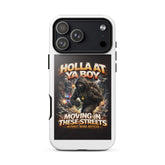 White tough iPhone case back, masked figure graphic with orange YA BOY text