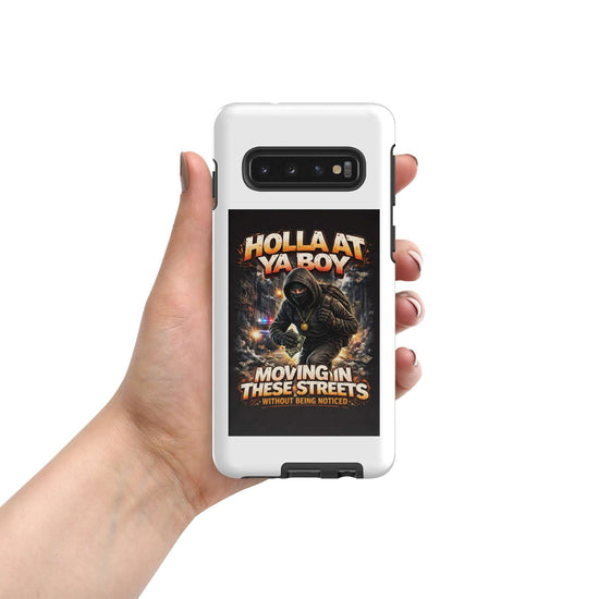 White Samsung phone tough case, side view with camera cutout and Holla At Ya Boy graphic.