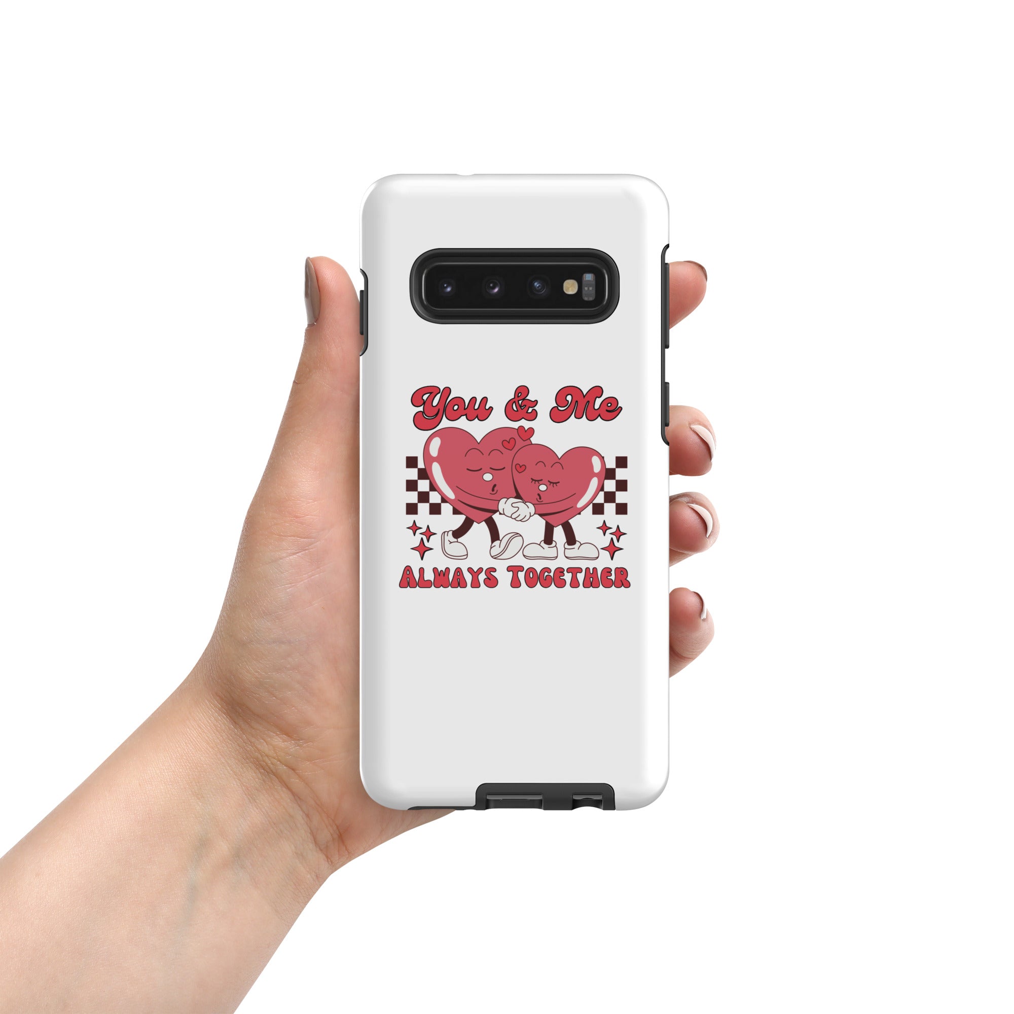 White Tough phone case with “You &amp; Me” heart characters and “ALWAYS TOGETHER” text