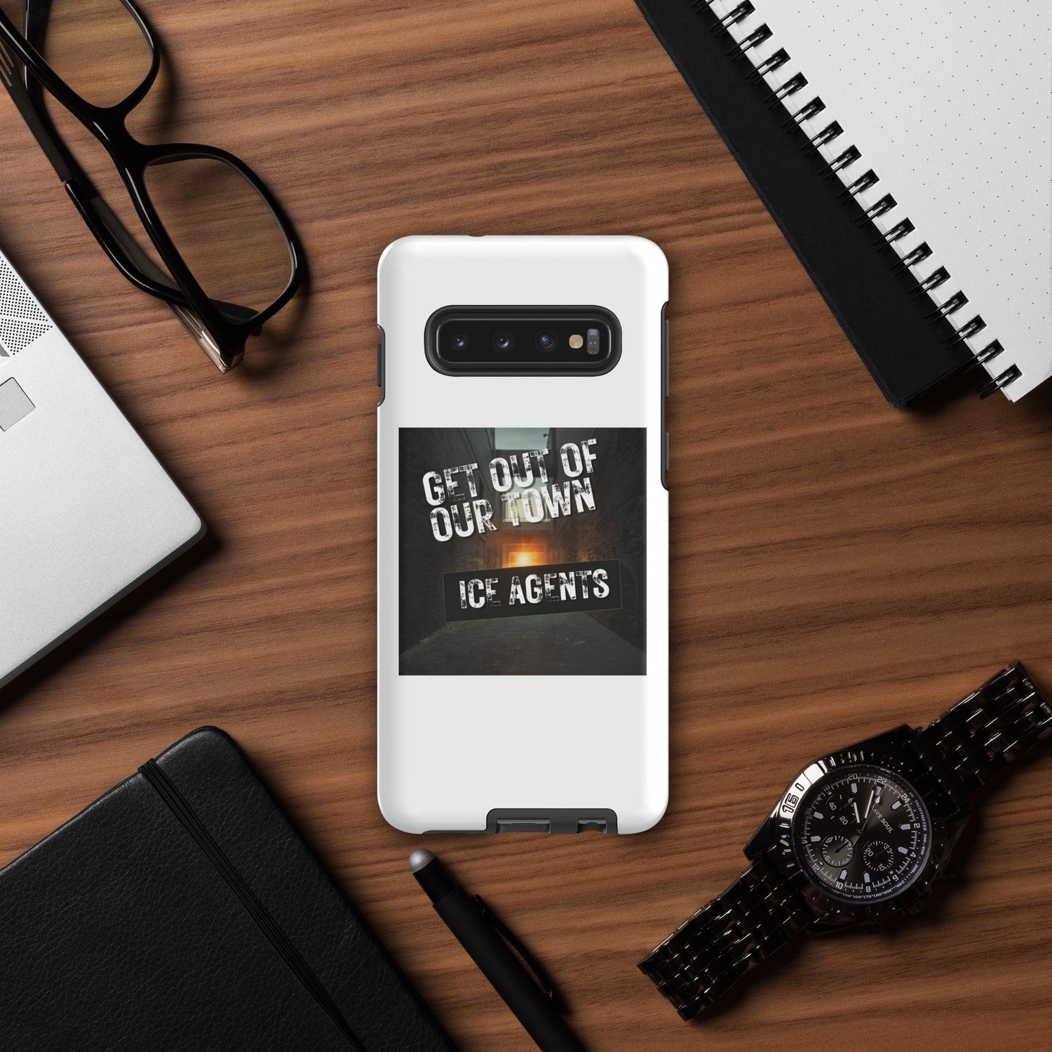 White Tough case for Samsung with “Get Out Of Our Town” “Ice Agents” print; camera cutout.
