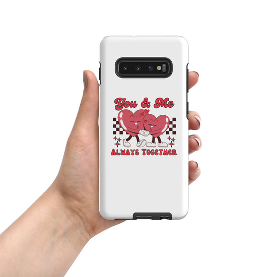 White tough phone case with red heart couple graphic and &
