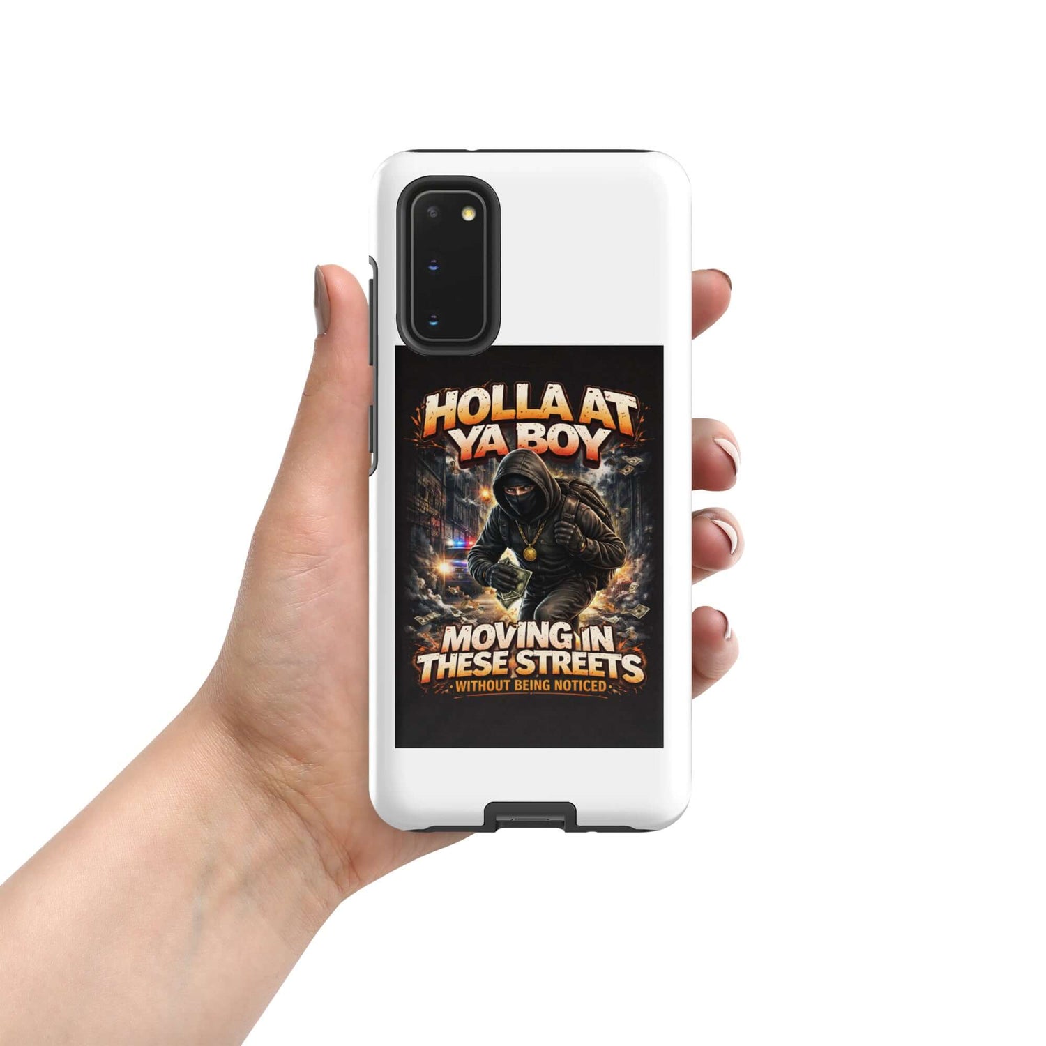 Vit mobilskal med Holla at Ya Boy-tryck och enkel kameraöppning