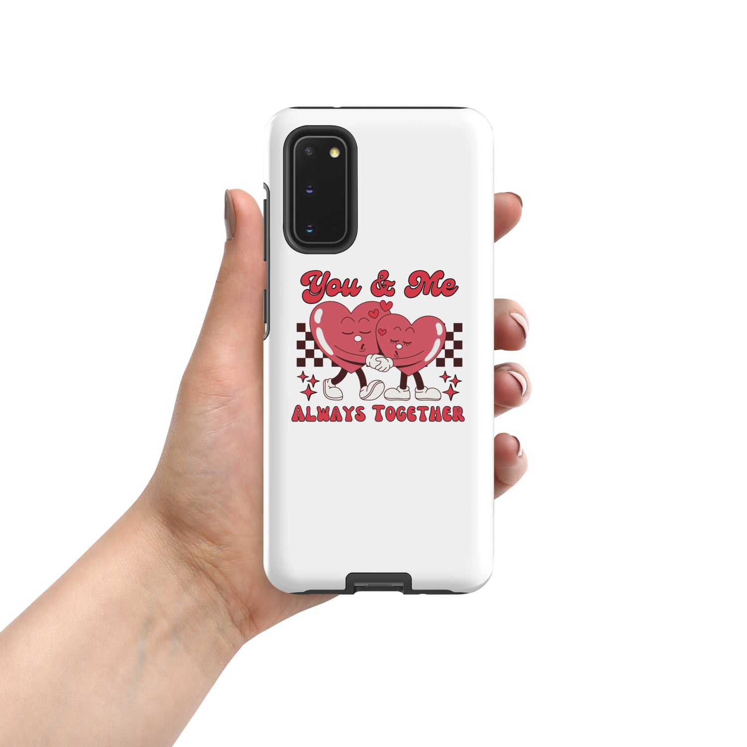 White Tough case with “You &amp; Me” heart couple graphic, side camera window