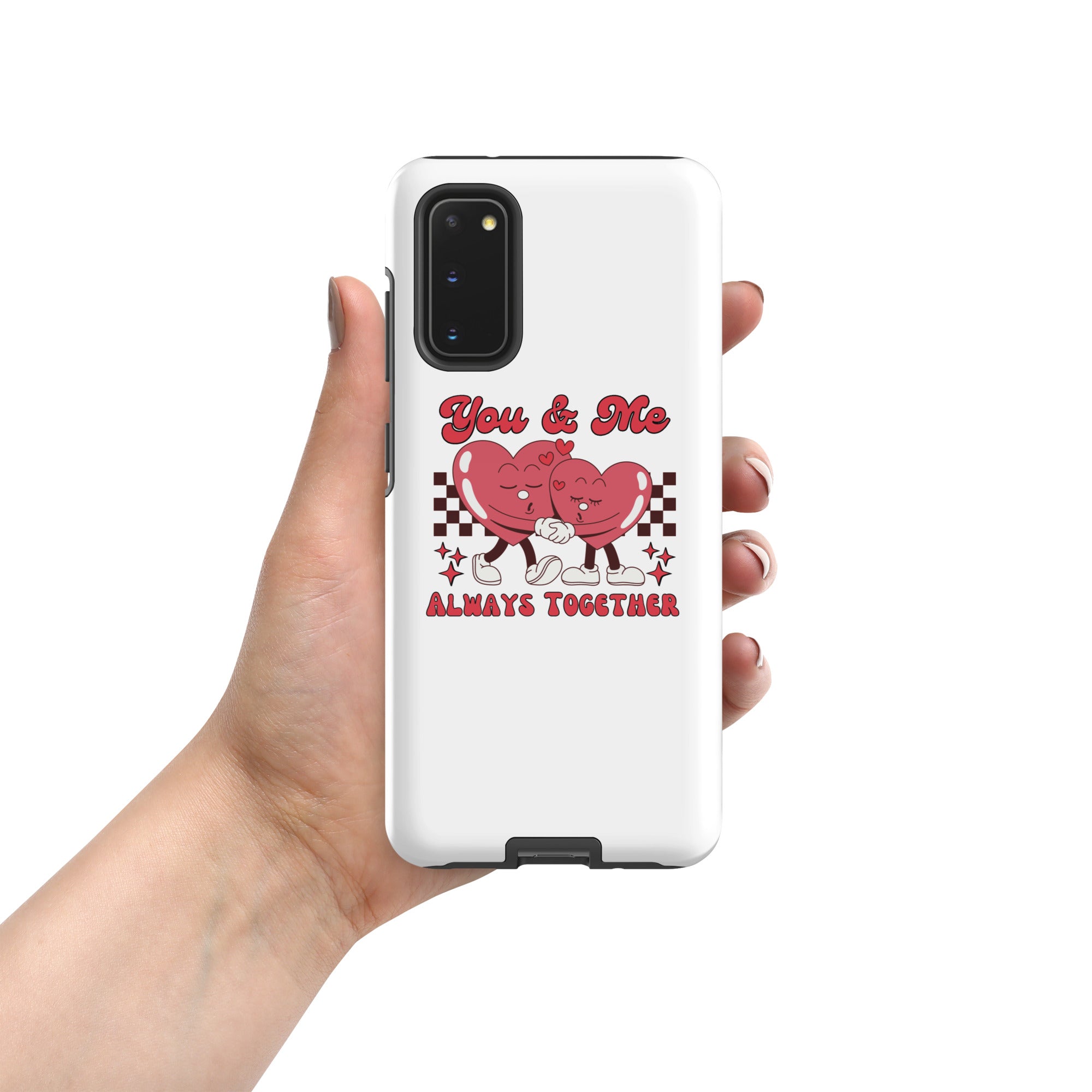 White Tough case with “You &amp; Me” heart couple graphic, side camera window