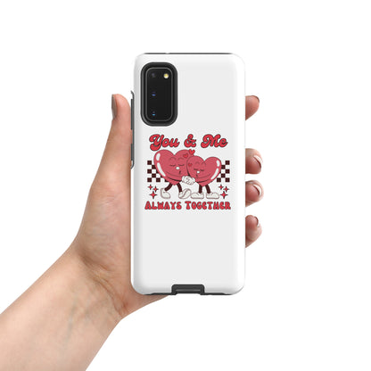 White Tough case with “You &amp; Me” heart couple graphic, side camera window
