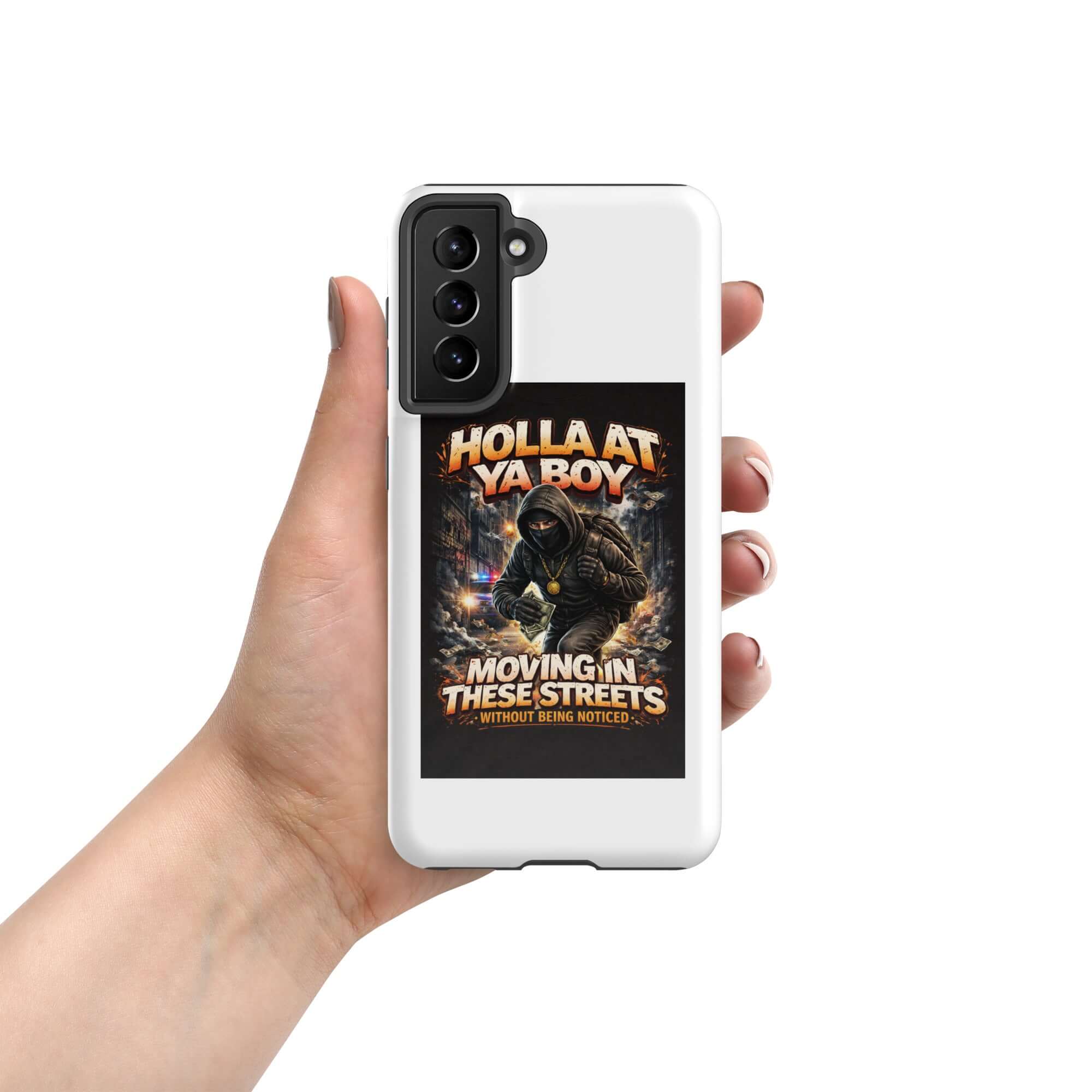 Vit mobilskal med vertikal kameramodul och Holla at Ya Boy-illustration