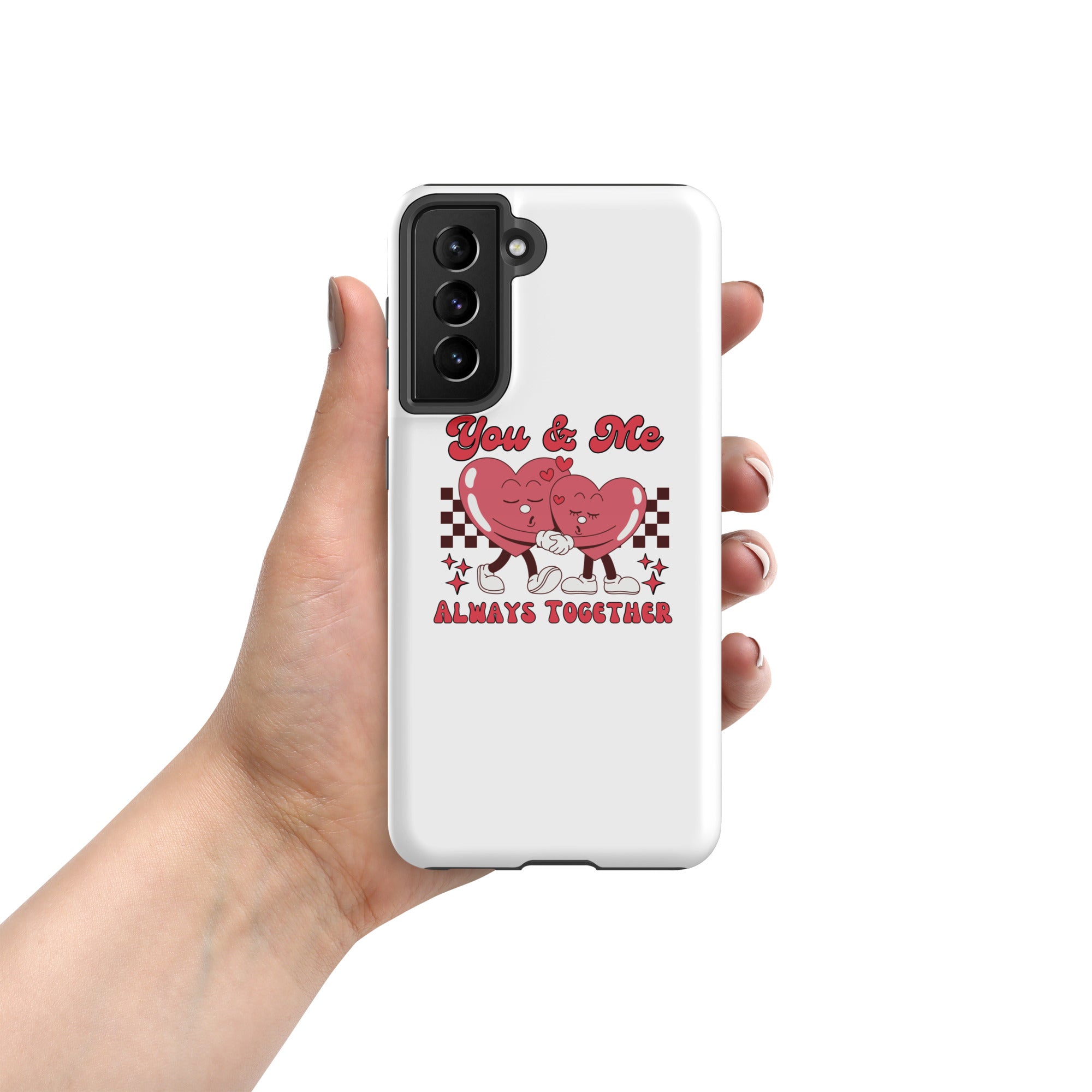 White Tough case for Samsung with red heart couple “You &amp; Me” graphic, camera module cutout