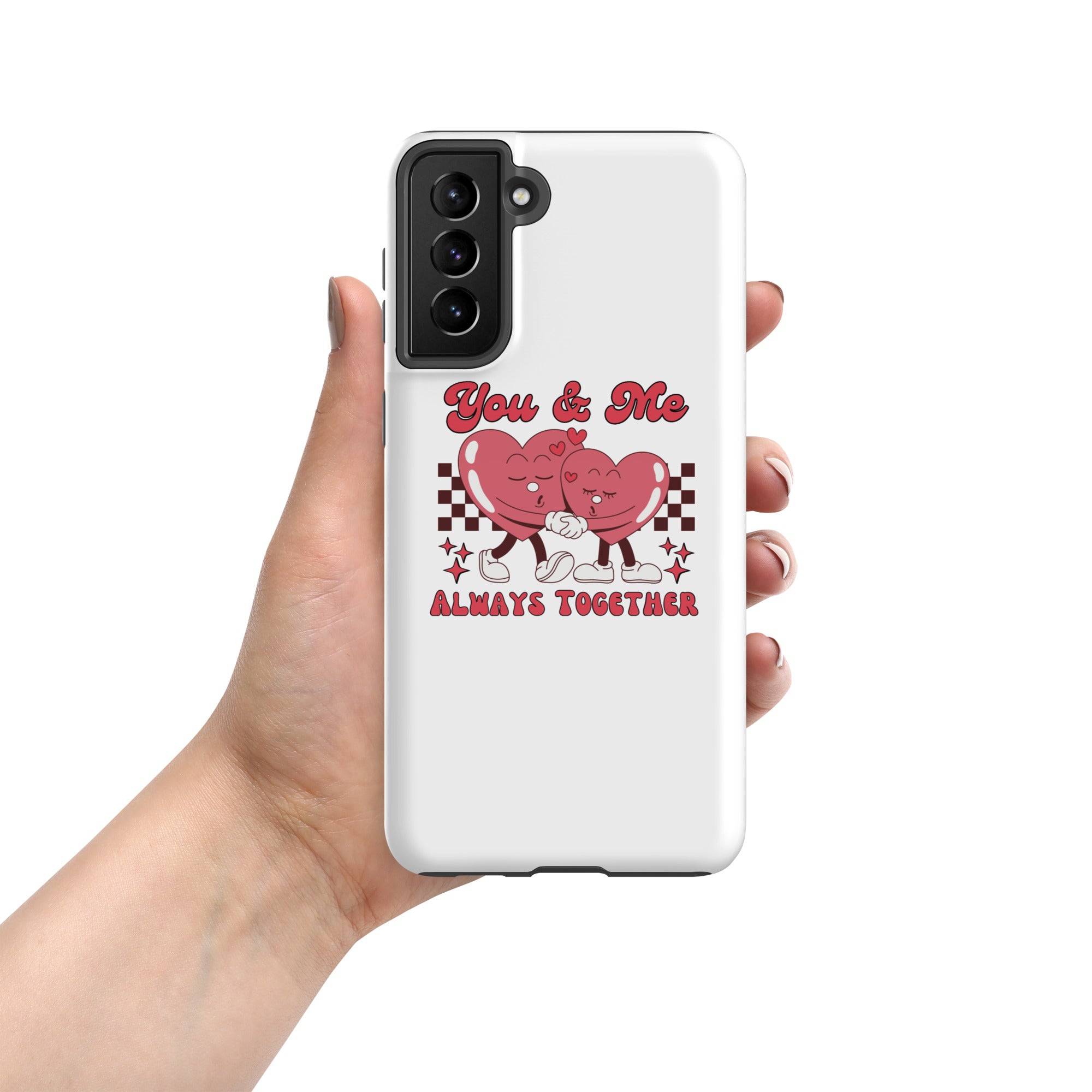 White Tough phone case with heart couple “You &amp; Me” and “ALWAYS TOGETHER” on back