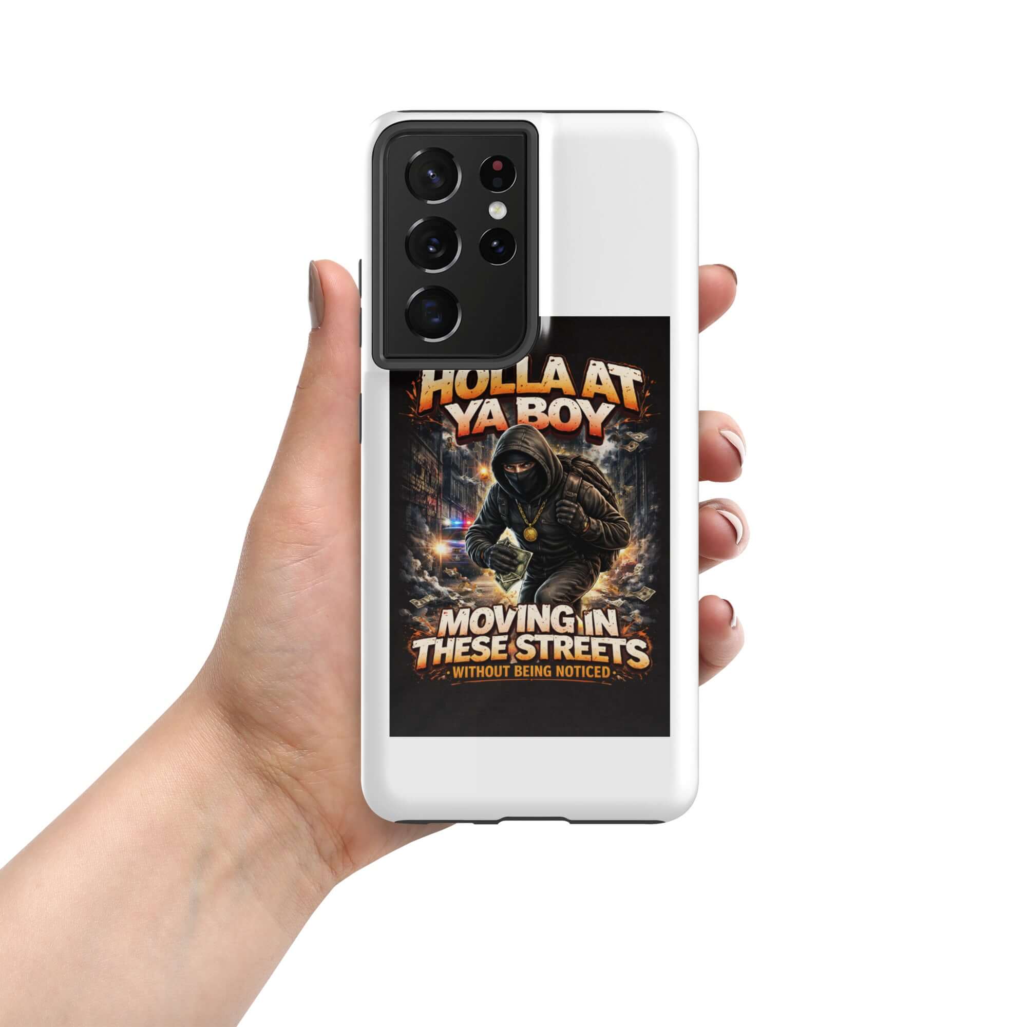 Vit mobilskal med Holla at Ya Boy-tryck, fyrkameramodul och skyddande skal