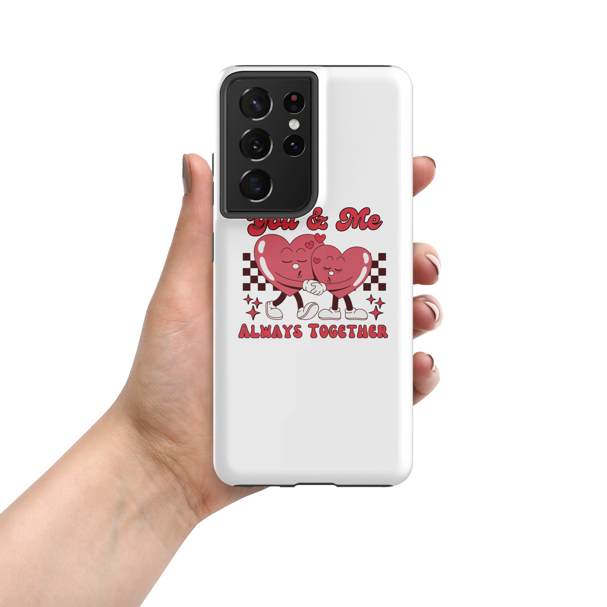 White Tough case back with red heart couple “You &amp; Me” and “ALWAYS TOGETHER,” camera lenses