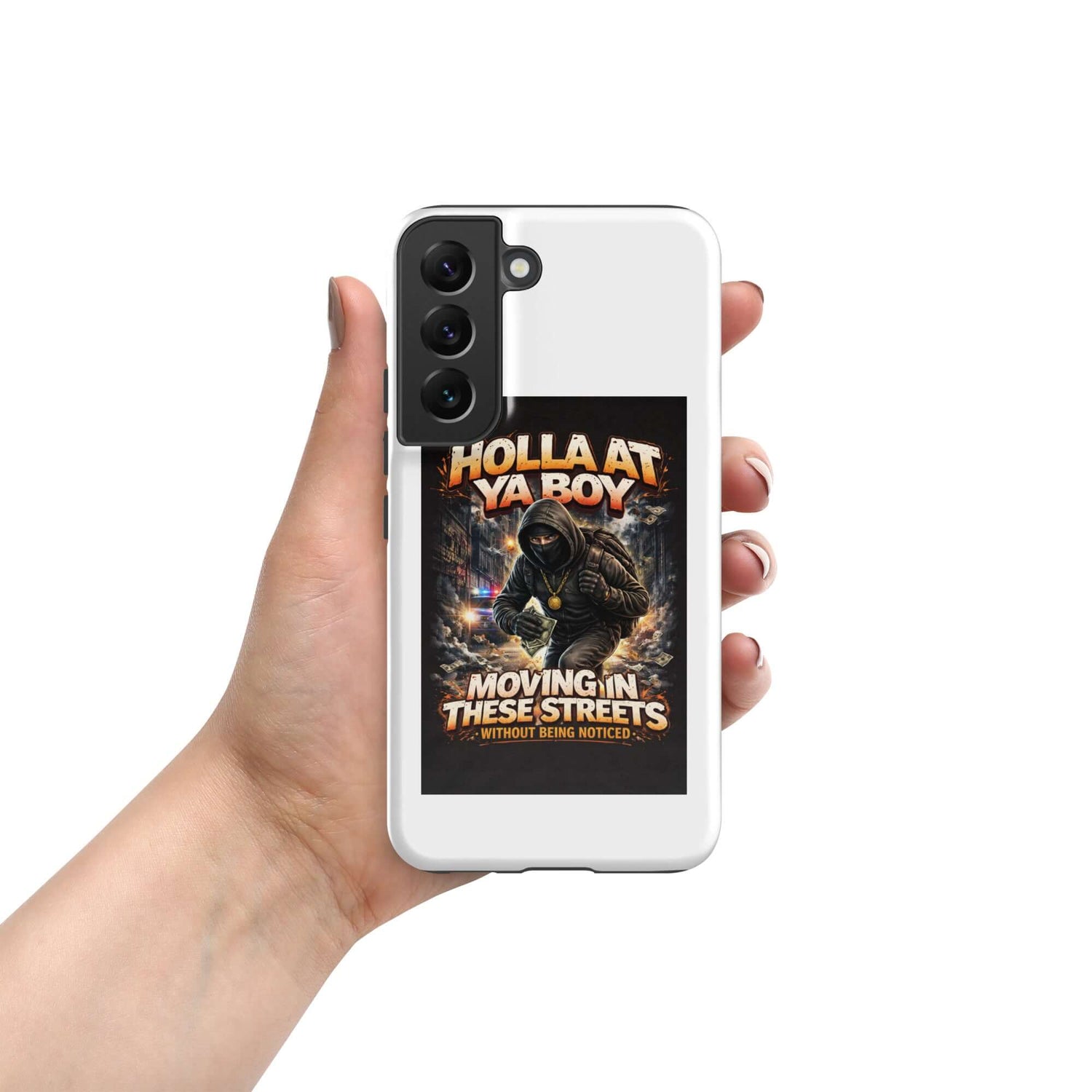 White Move In Silence phone case with “Holla At Ya Boy” artwork and raised camera area