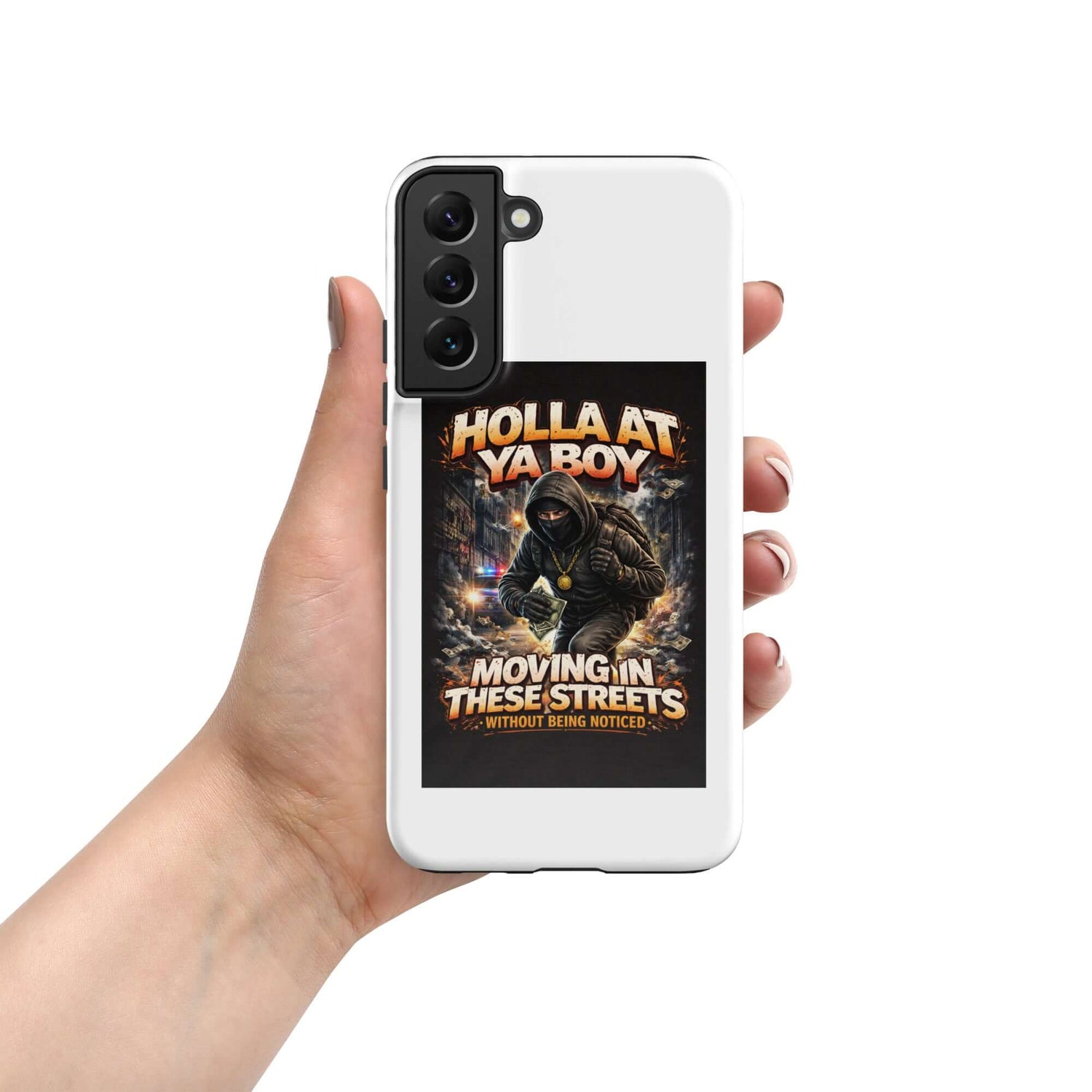 Tough white Samsung case featuring “Holla At Ya Boy” graphic, side buttons visible