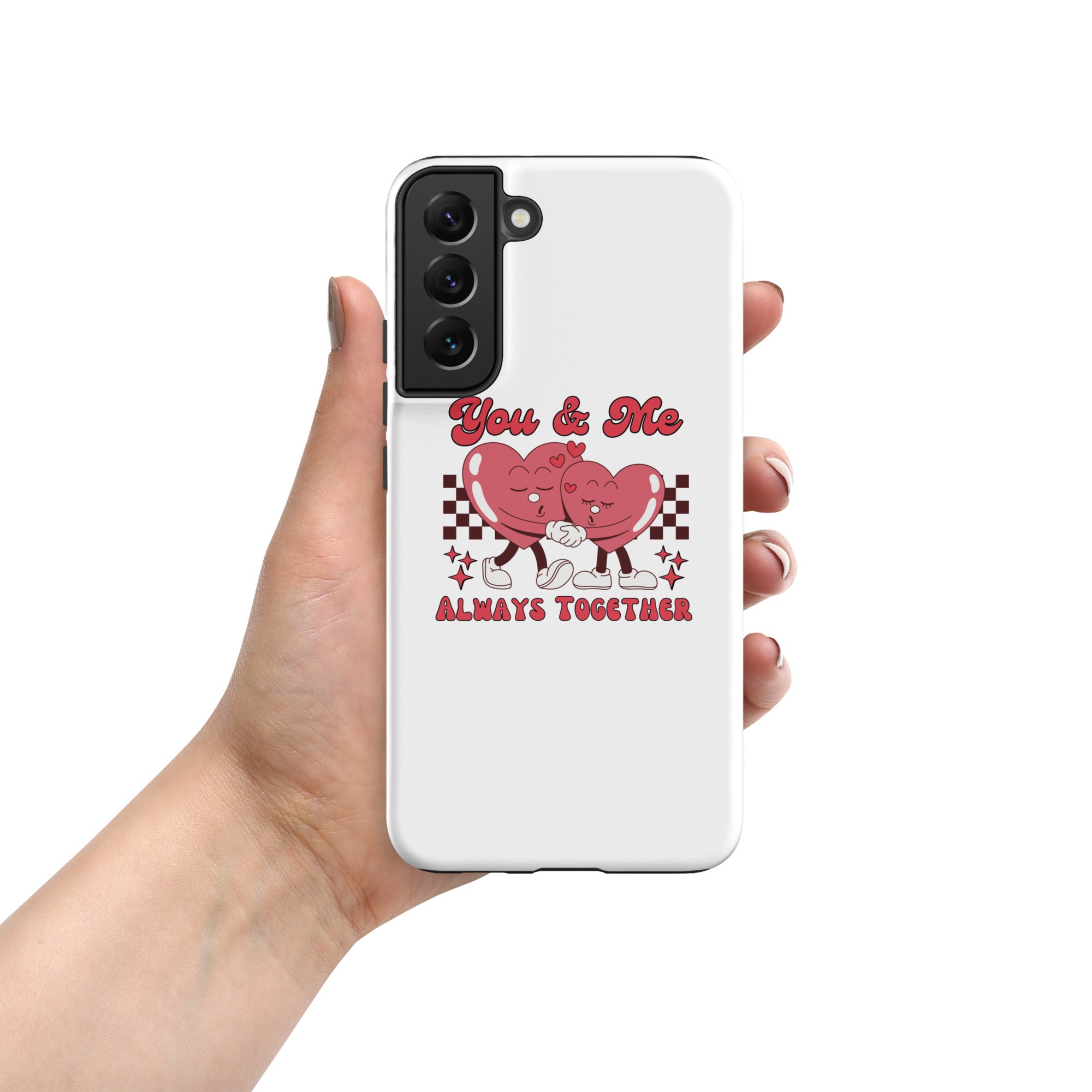Samsung tough phone case, white back with red "You &amp; Me" heart design and trio hearts