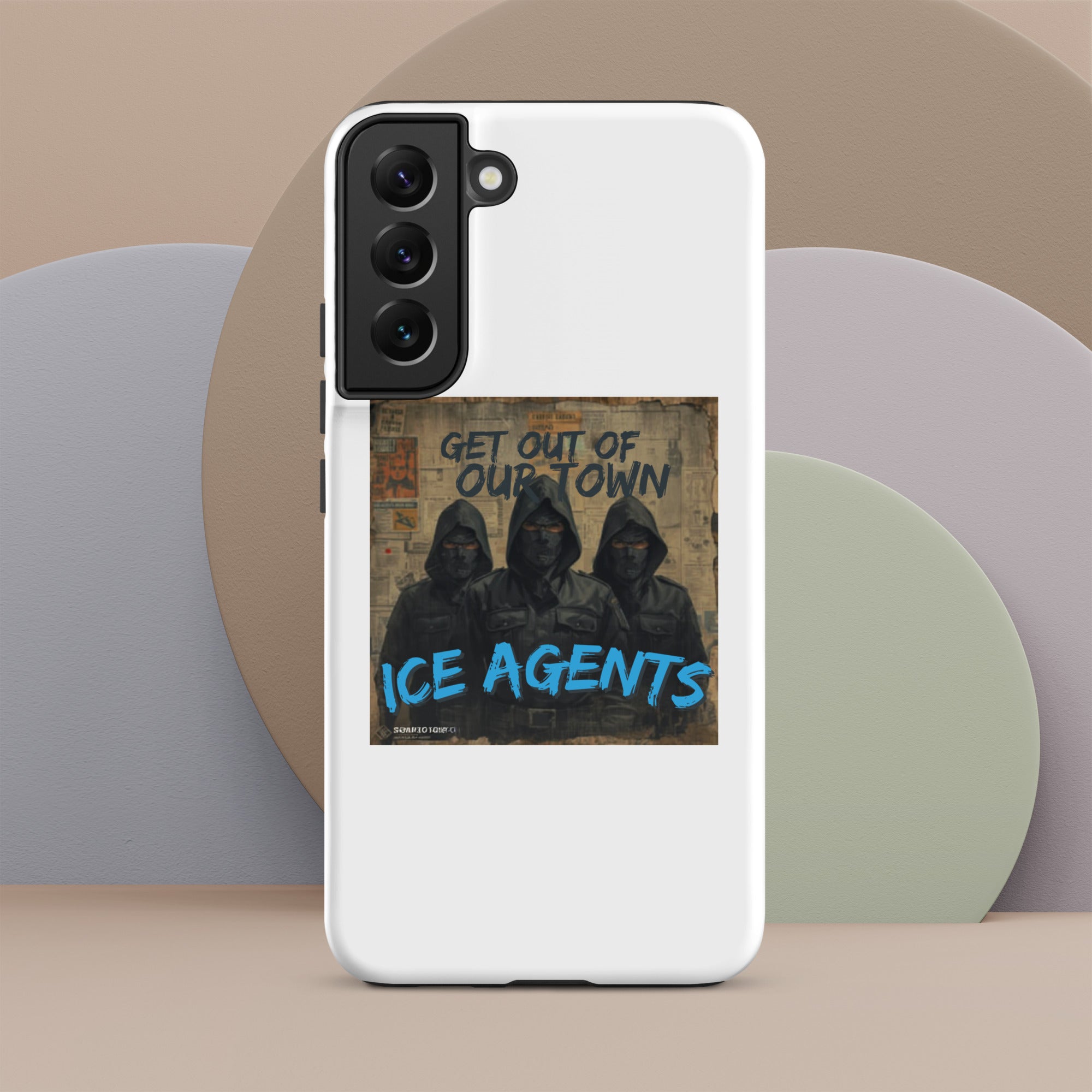 White smartphone case with “ICE AGENTS” slogan graphic and raised camera lenses