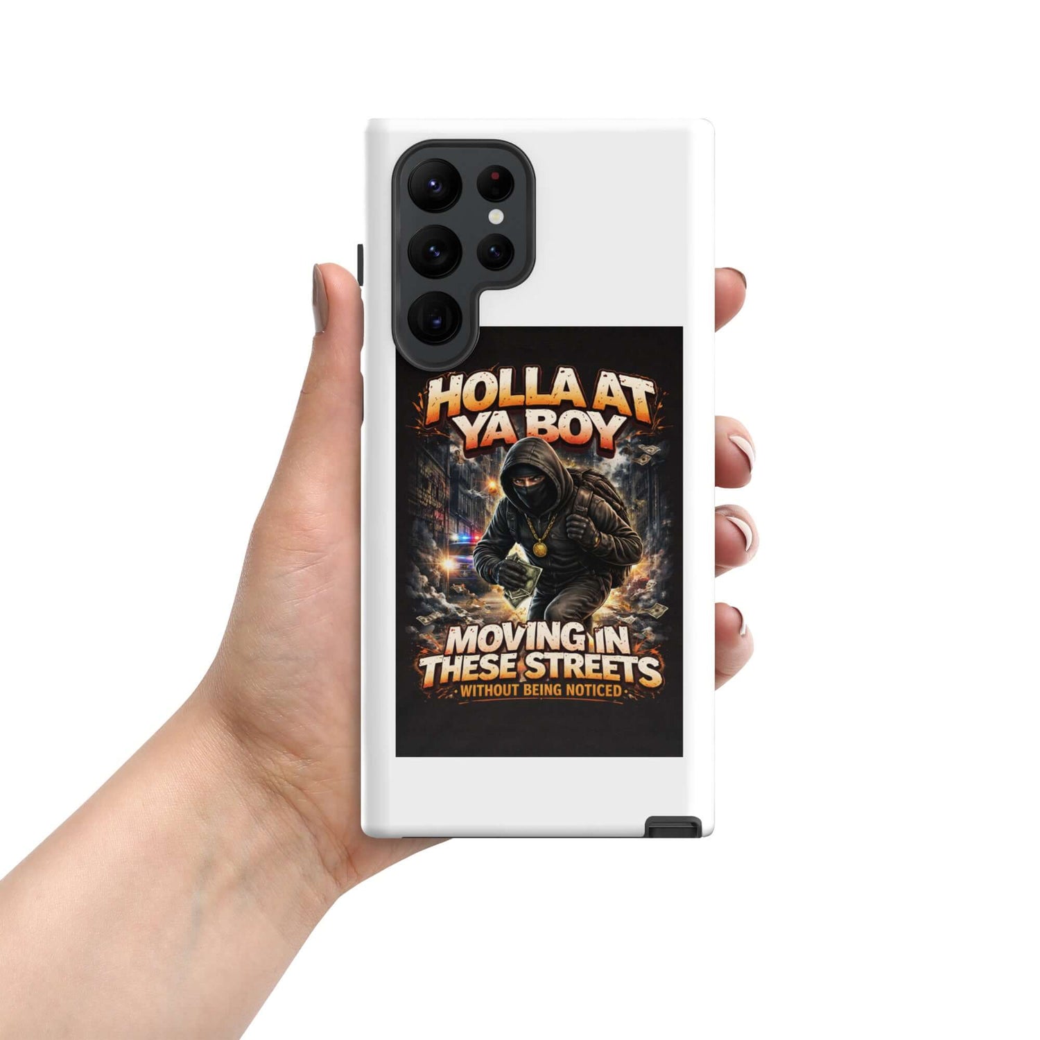 White Samsung phone case with “Holla At Ya Boy” graphic, camera lenses protected