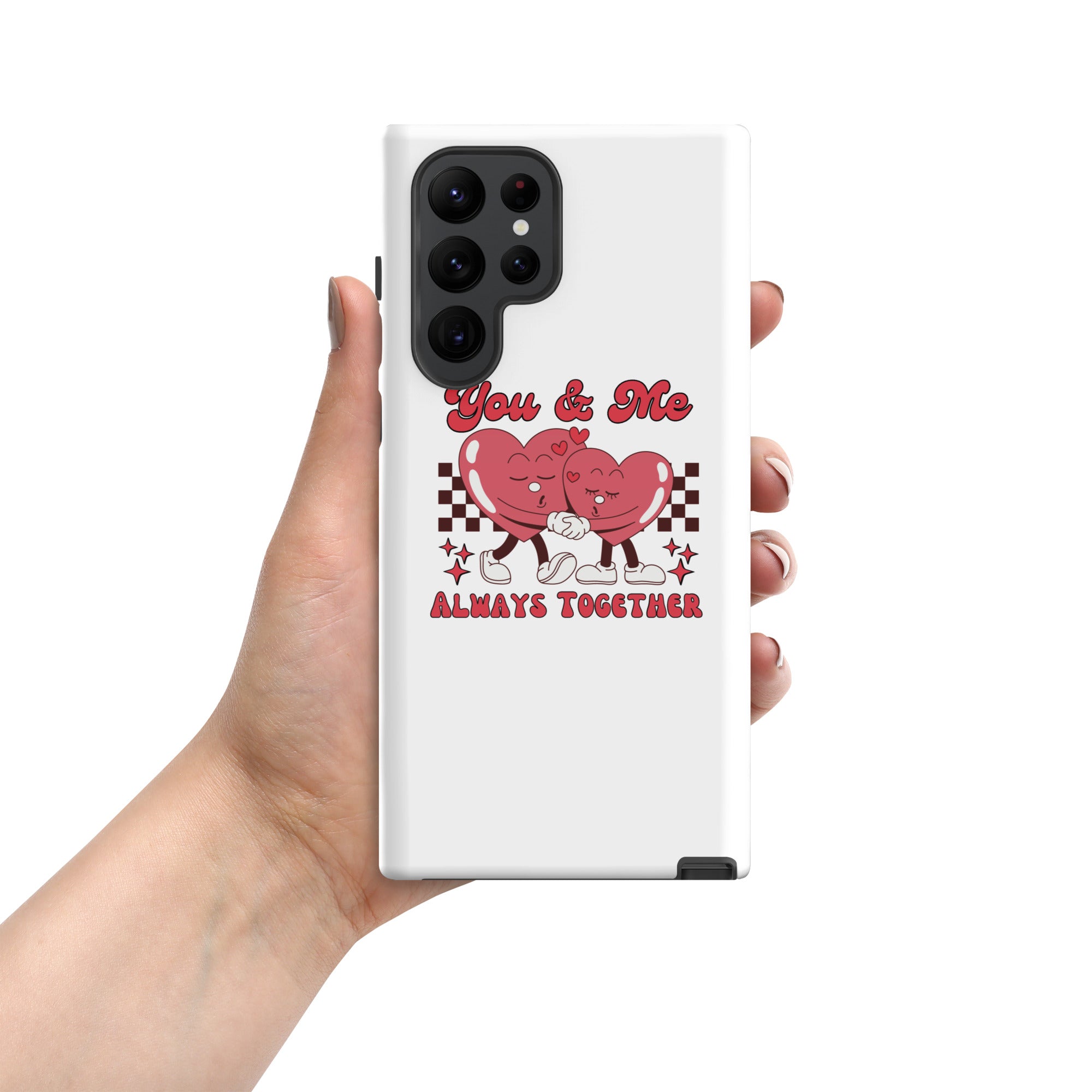 White tough case showing side protection and back camera cutouts with red heart couple print
