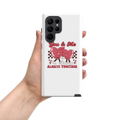 White tough case showing side protection and back camera cutouts with red heart couple print