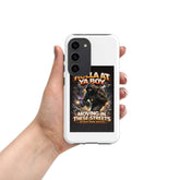 White tough Samsung phone case with lion graphic and top corner edge