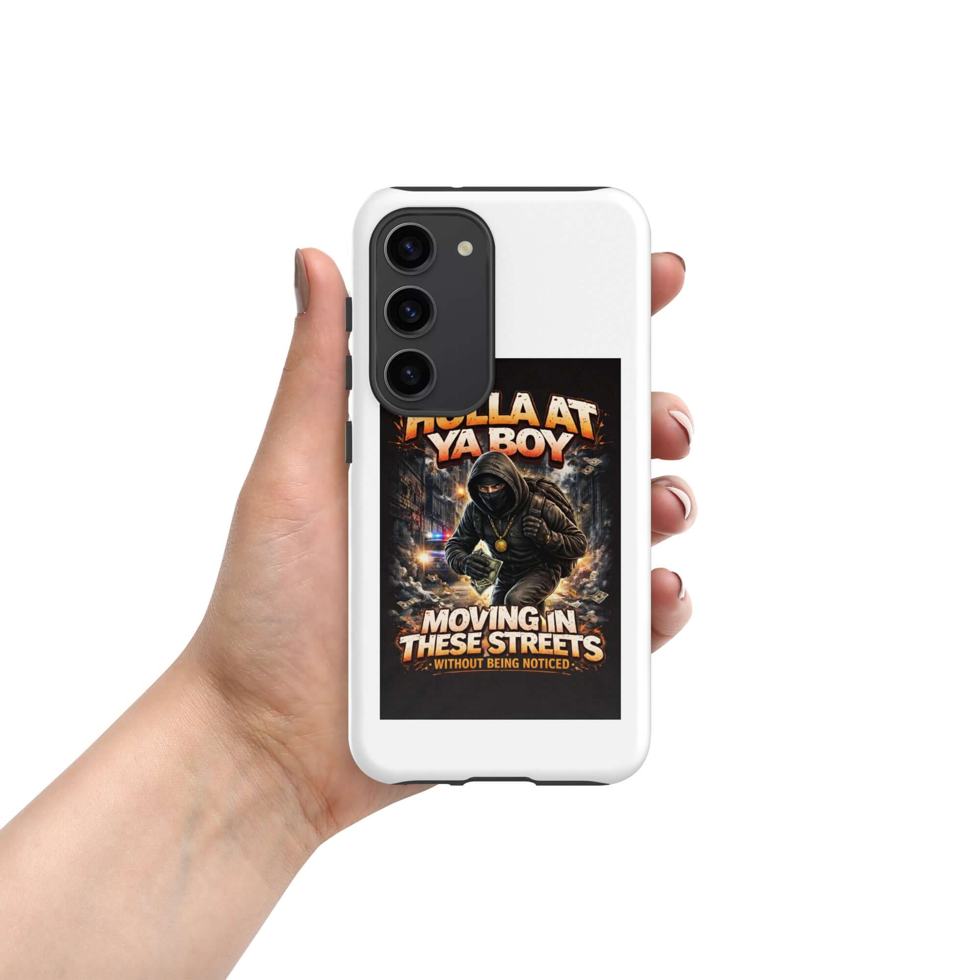 White tough case for Samsung with “Holla At Ya Boy” design and protective edge