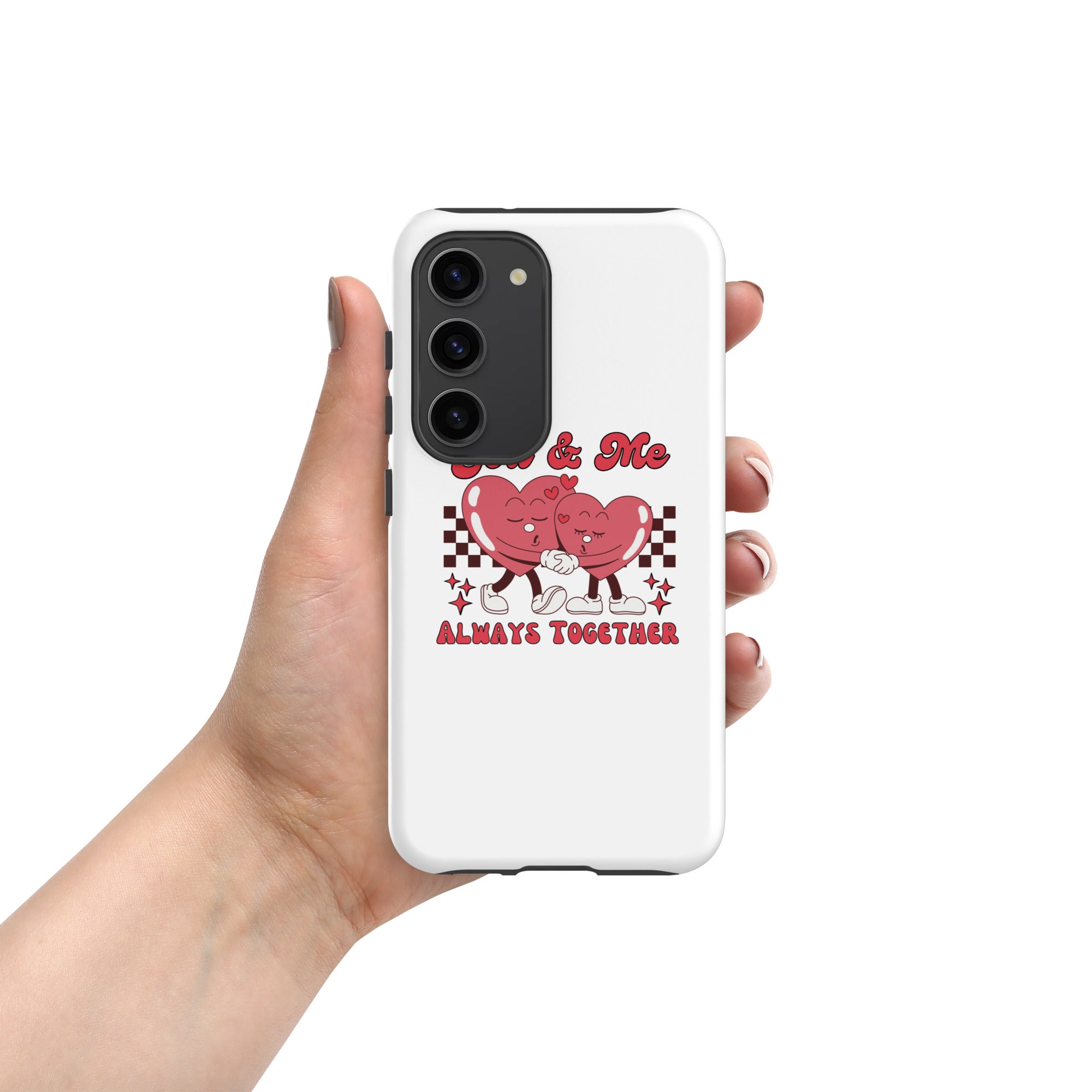 Samsung tough case back view, white with red "Always Together" text and heart characters