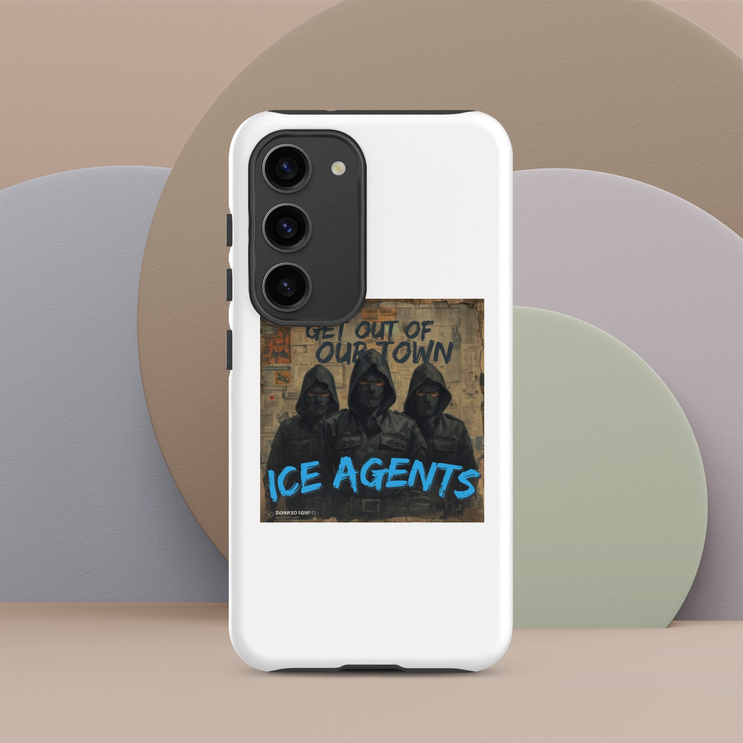 White tough phone case showing “ICE AGENTS” text and rear triple-camera openings