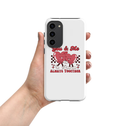 White phone case with red heart couple graphic on back and raised camera module area