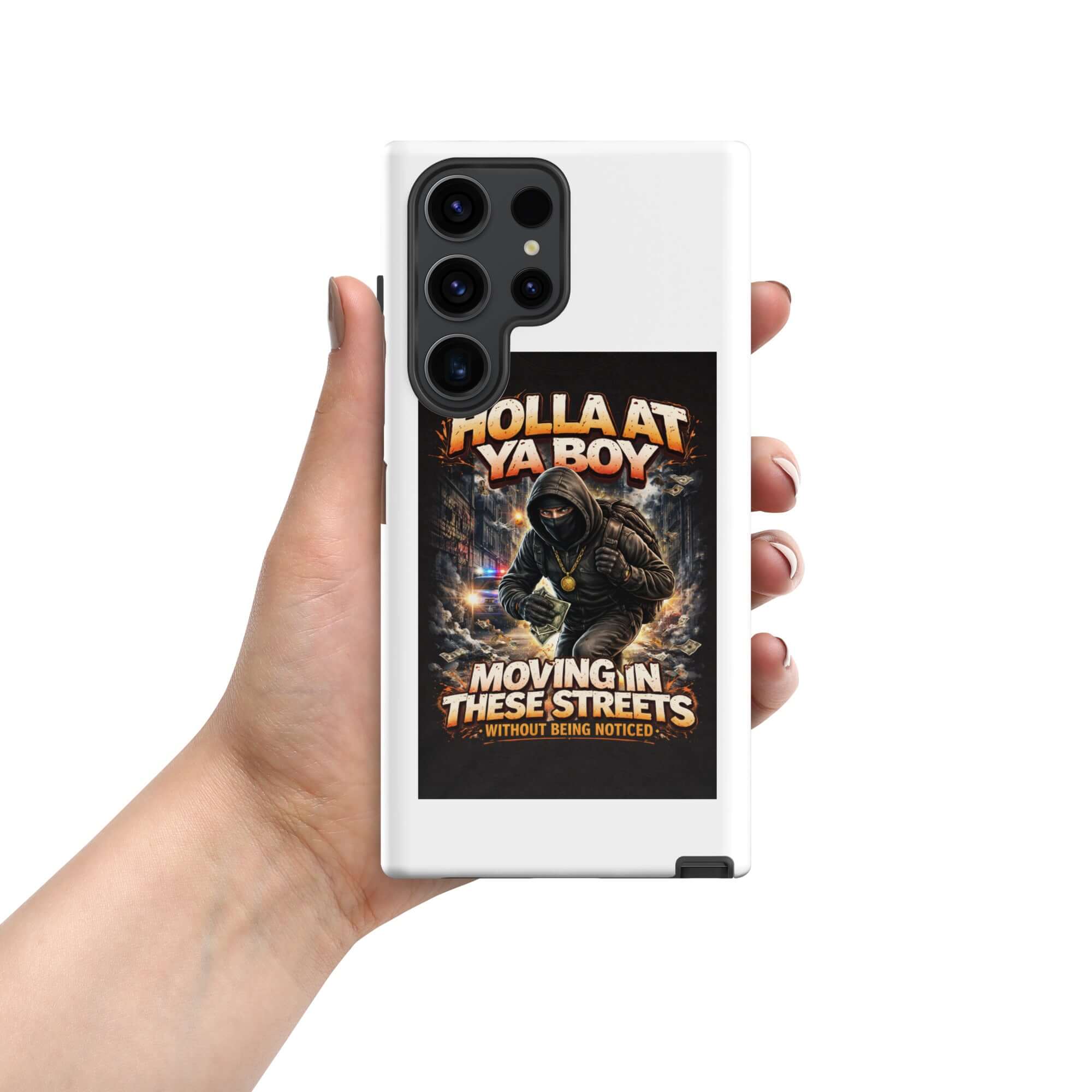 White Samsung case showing “Holla At Ya Boy” artwork and side grip protection