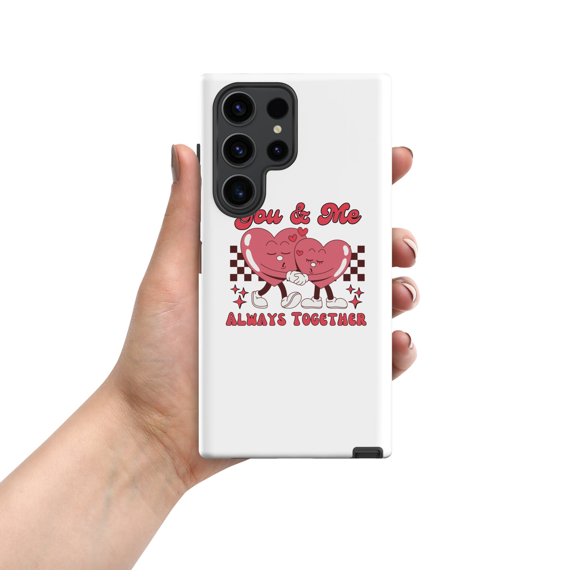 White Samsung tough case with red "You &amp; Me" script and two heart characters, back