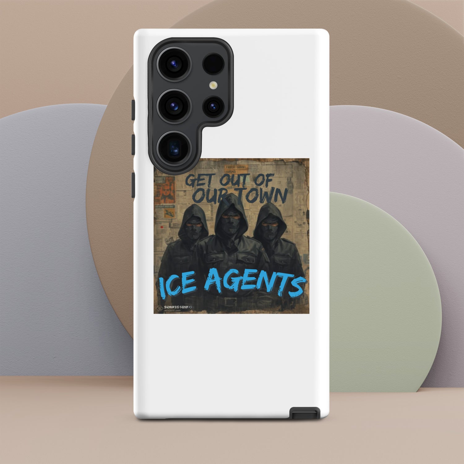 White Samsung rugged case with “ICE AGENTS” graphic and multiple rear lens openings