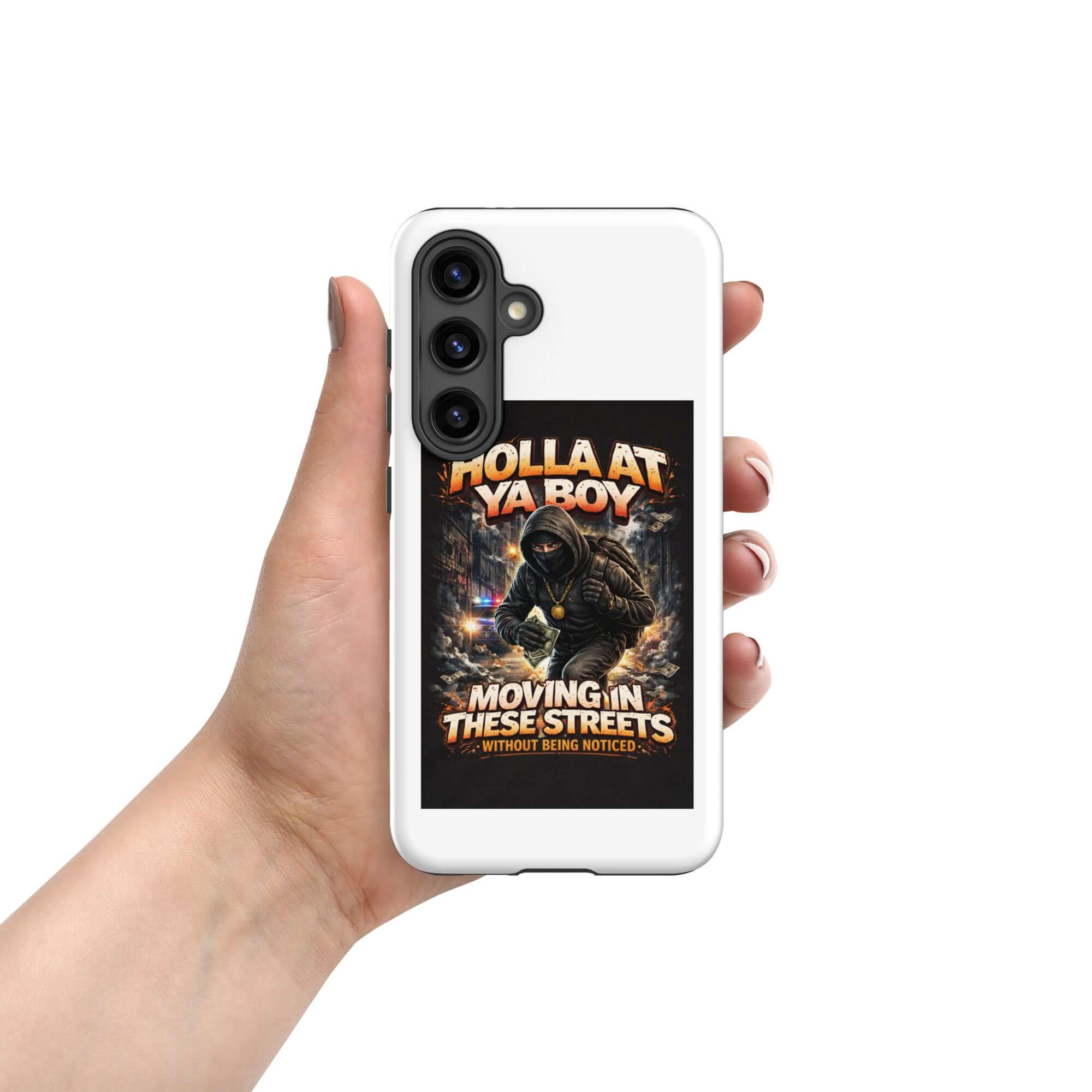 Samsung tough case with white back and “Holla At Ya Boy” graphic, camera module