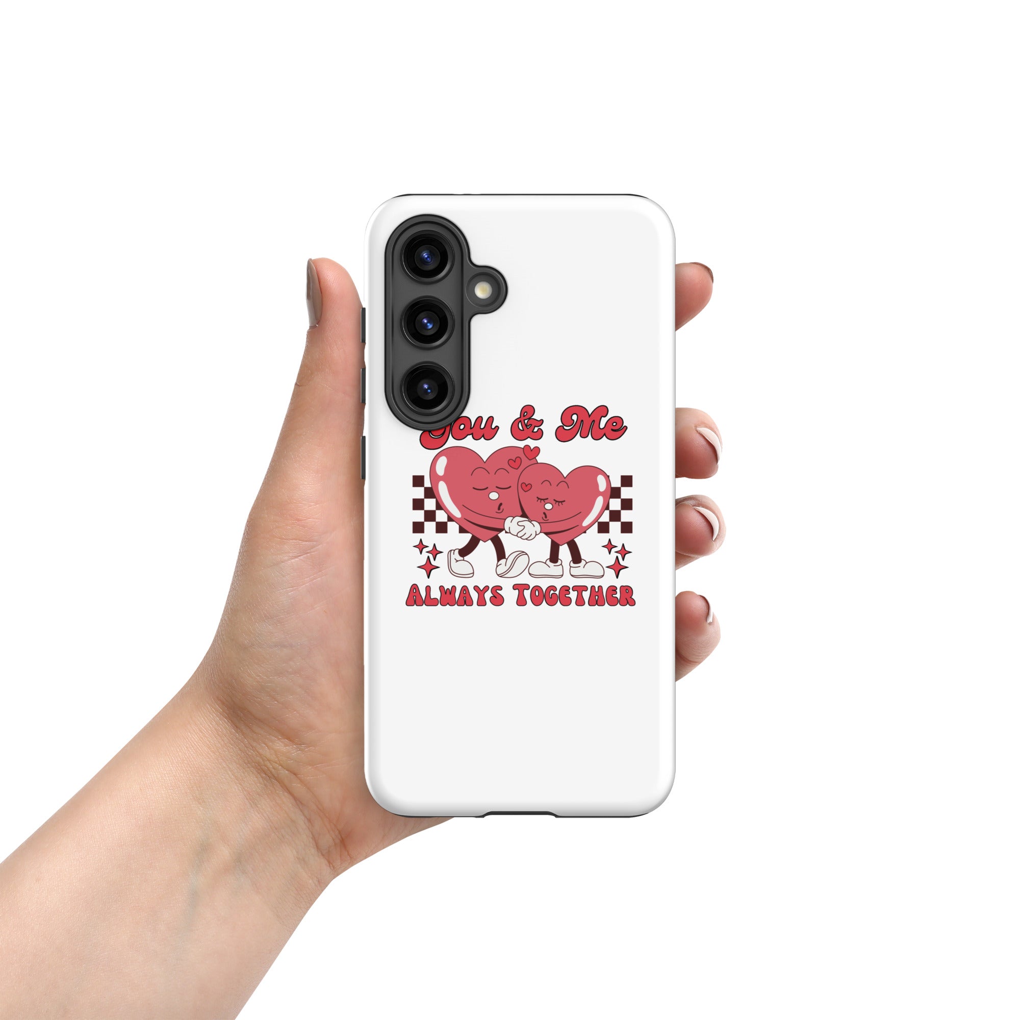White tough case from side angle, red heart couple "Always Together" design on back