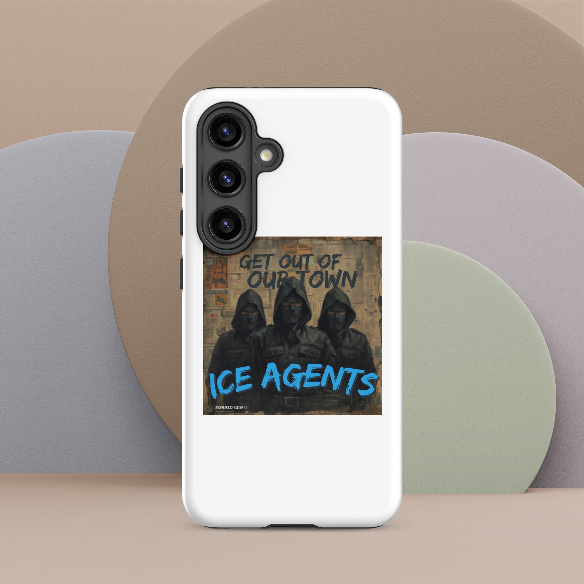 White tough phone case back with “ICE AGENTS” slogan and left-side protection cutout